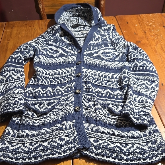 Lucky Brand Sweaters - Lucky Brand Denim Co Sz L Cozy Blue and White Knit Long Cardigan Hooded